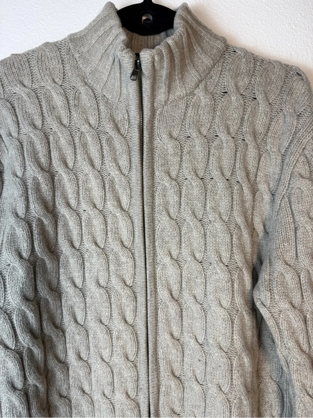 Allen Solly Mens Cable Knit Cardigan Full Zip Lambswool Gray Sweater L Vintage